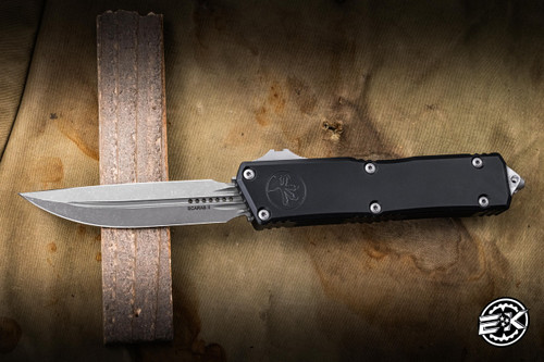 Microtech Scarab II Gen III OTF Automatic Knife Black Aluminum 4" M390 Drop Point Apocalyptic Stonewash 1181-10AP