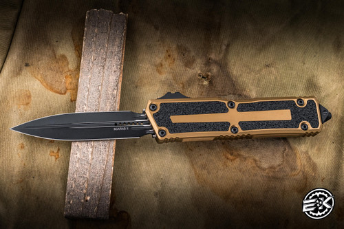Microtech Scarab II Gen III Automatic OTF Knife Tan Aluminum 4" M390 Dagger Black 1280-1TA
