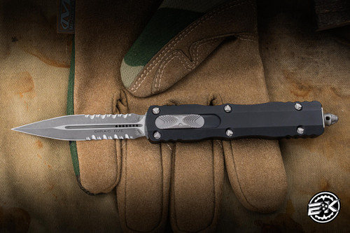 Microtech Dirac OTF Automatic Knife Black Aluminum 3" M390 Dagger Apocalyptic Stonewash 225-11AP