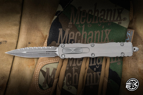 Microtech Dirac OTF Automatic Knife Natural Clear Aluminum 3" M390 Dagger Serrated Apocalyptic Stonewash 225-12APNC