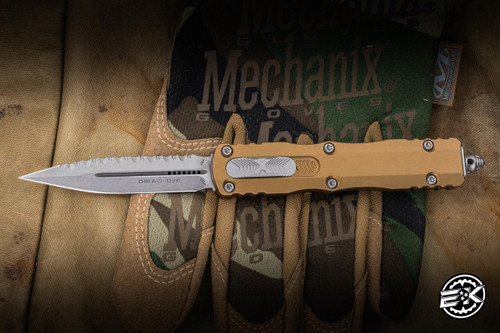 Microtech Dirac OTF Automatic Knife Tan Aluminum 3" M390 Dagger Serrated Stonewash 225-12TA