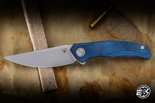Preowned-Shirogorov Knives Q95 Ursus Linerlock Knife Blue Micarta 3.75" Elmax Stonewash