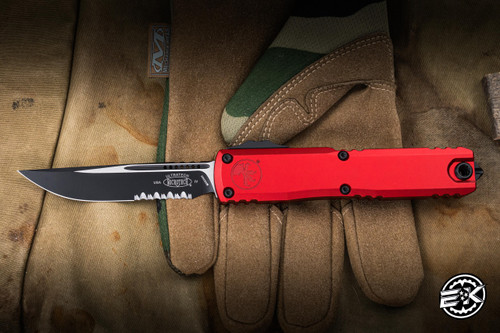 Microtech Ultratech Gen IV OTF Automatic Knife Red Aluminum 3.5" M390 Drop Point Black Part Serrated 11214-2RD