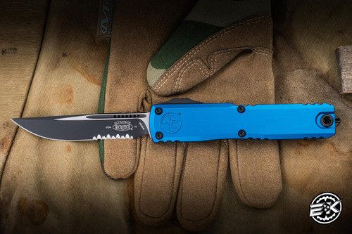 Microtech Ultratech Gen IV OTF Automatic Knife Blue Aluminum 3.5" M390 Drop Point Black Part Serrated 11214-2BL