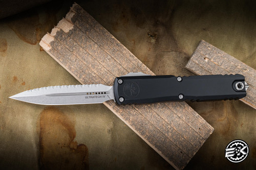 Microtech Ultratech Gen IV OTF Automatic Knife Black Aluminum 3.5" M390 Dagger Stonewash Serrated 11224-12