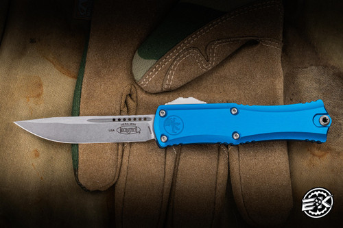 Microtech Hera II Mini Automatic OTF Knife Blue Aluminum 3" M390 Drop Point Stonewash 1703M-10BL