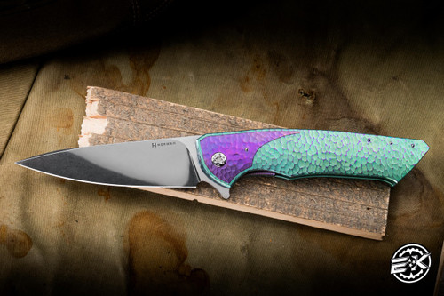 Herman Custom Knives Slim Folder Knife Hammered Titanium 3.74" Magnacut Spearpoint Mirror Polish