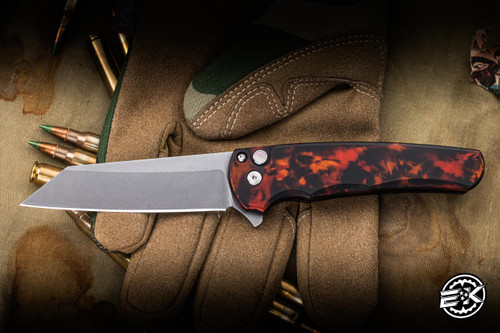 Pro-Tech Custom Malibu Button Lock Flipper Knife "Del Fuego" Aluminum 3.25" MagnaCut Reverse Tanto Stonewash