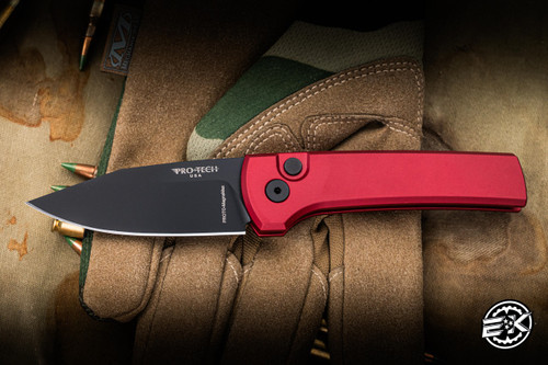 ProTech x Ramon Chaves Scapegoat Automatic Folding Knife Red Aluminum 3.15" MagnaMax Clip Point Black DLC