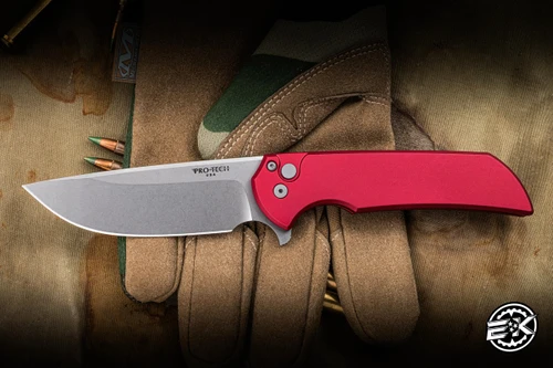 ProTech Mordax Manual Flipper Button Lock Knife Red Aluminum 3.5" CPM-20CV Drop Point  Stonewash