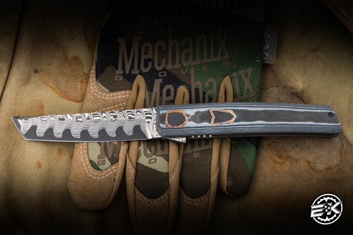 J. Oeser Custom Tachi SOS Liner Lock Flipper Knife White/Black CamoQuartz, Orange 3.6" Ripple Damascus Tanto EK-3216