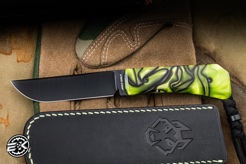 Jack Wolf Knives Pioneer Jack Folding Knife Toxic Green Kirinite 3" Crucible S90V Drop Point Black DLC Belt Satin