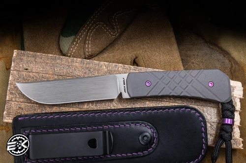 DROP DATE: 4/17 @ 2:00 PM EST-Jack Wolf Knives Pioneer FIXEDC Fixed Blade Knife Dark Blast Cross Hatch 2 Titanium 3" Crucible S90V Drop Point Hand Satin