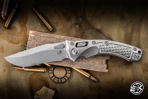 Microtech Marfione Select Amphibian Ram-LOK Folding Knife Frag Titanium Blue Accents Double Vapor Blast 3.9" M390 Drop Point Stonewash 137RL-10FRMS2