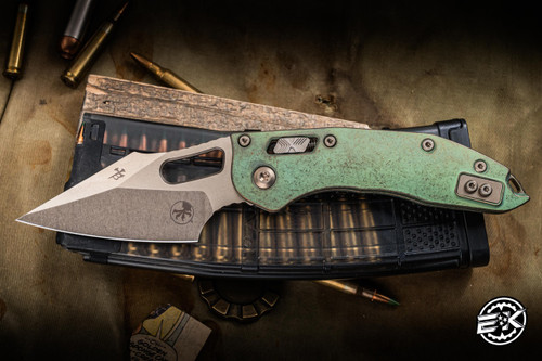 Microtech Marfione Select Stitch Ram-Lok Manual Folding Knife Antique Green Titanium Bronze Ti Accent 3.75" M390 Wharncliffe Bronzed Stonewash 169RL-13MS1