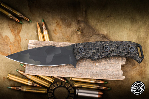 Half Face Blades Ishi Fixed Blade Knife Textured Black Burlap Micarta 3.7" S45vn American Steel Drop Point Black MultiCam Cerakote EK-3236