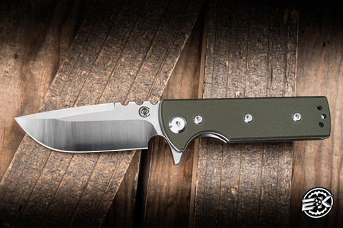 Chaves Knives TAK Redencion Flipper Knife OD Green G10 2.75" Elmax Drop Point Belt Satin