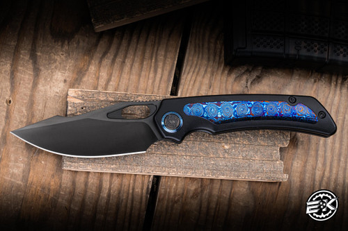 Kunwu Knives Jericho Folding Knife Black PVD Orange Peel Textured Titanium/Timascus Inlay  3.5" Vanax Harpoon Black DLC K713T-4