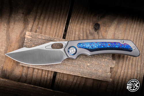 Kunwu Knives Jericho Folding Knife Orange Peel Textured Beadblast Titanium/Timascus Inlay 3.5" Vanax Harpoon Satin K713T-2