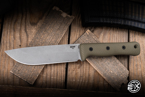 Reiff Knives F6 GEN2 Leuku Survival Knife OD Green G10 6" CPM 3V Drop Point Stonewash F6019-ODGBLKA