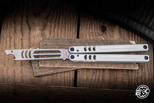 Squid Industries Mako V5 Bottle Opener Balisong Inked Silver Aluminum 4.25" 410 Stonewash