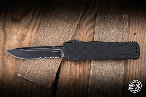 Guardian Tactical Apex Automatic OTF Knife Black Aluminum 3.4" MagnaCut Drop Point Dark Stonewash Serrated