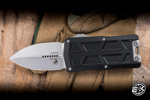 Microtech Exocet II Automatic OTF Money Clip Knife Black Aluminum 1.94" M390 Dagger Stonewash 1157-10