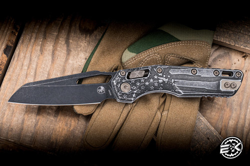Microtech "MSI" Ram-LOK Signature Series Manual Folding Knife Distressed Flag Aluminum 3.75" M390 Reverse Tanto Stonewash 210-1DFLAGS-Z23