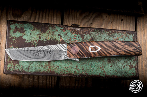 J. Oeser Custom Tachi OS Front Flipper Knife Hawaiian KOA, Tan/Black 4.75" Kryptonite Tanto Damascus