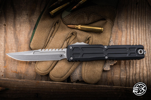 Microtech Ultratech EX-ZBP Interceptor Automatic OTF Knife Black Alumnium 3.5" M390MK Clip Point Stonewash 1117EX-10S