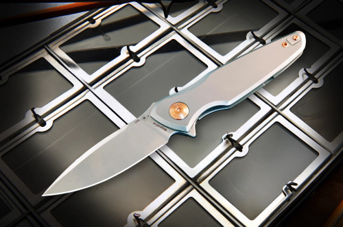 Spartan Blades Pandia Flipper Knife Satin Titanium, Bronze Accent 3.25" MagnaCut Spear Point Stonewash SF16SWBZ