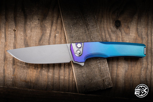 MachineWise Sonora Button Lock Folding Knife Fine Step Midnight Fade Titanium 3.35" S90V Drop Point Stonewash 2058