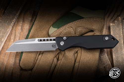 Heretic Knives "Jinn" Automatic Folding Knife Black Aluminum 3" MagnaCut Wharncliffe Battleworn H113-5A