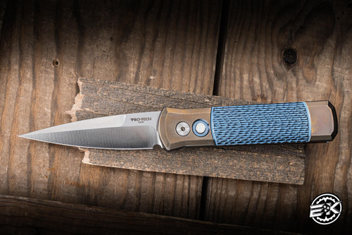 Preowned-ProTech Godson Custom Automatic Folding Knife Blue/Bronze Jigged Titanium 3.15" 154CM Spear Point Satin - 2024.003