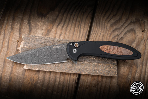 Preowned-ProTech Cambria Custom 005 Flipper Knife Black Aluminum, Maple Burl Inlay 3.5" Damascus Clip Point
