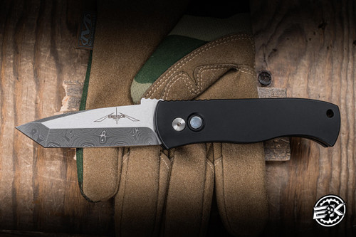 Preowned-ProTech Emerson Custom CQC7 Automatic Folding Knife Black Aluminum 3.25" Damascus Chisel Tanto Two Tone 2025.001