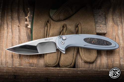 Preowned-ProTech Cambria Custom 004 Flipper Knife Grey Aluminum, TechnoCarbo Copper Inlay 3.5" Stainless Steel Drop Point Mike Irie Mirror Polish