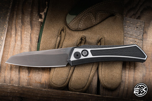 Preowned-ProTech Oligarch Custom 003 Automatic Folding Knife 2 Tone Blackwash/Satin Steel 3.25" MagnaCut Wharncliffe Smokey Grey DLC 