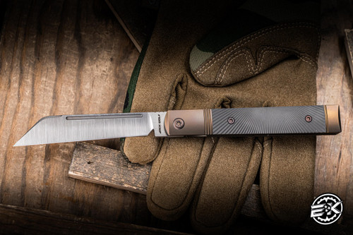 Jack Wolf Knives FeelBetter Jack Folding Knife Dark Blasted Starburst Titanium 3.38” S90V Wharncliffe Belt Satin