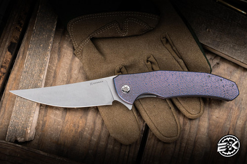 Herman Custom Knives Ishtar Folding Knife Textured Purple Titanium 3.74" MagnaCut Clip Point Stonewash 0810