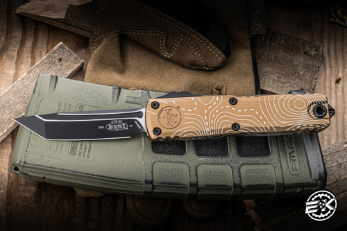 Microtech UTX-85 Gen IV OTF Automatic Knife Topographic Tan Aluminum 3.1" M390 Tanto Black 12334-1TPTA