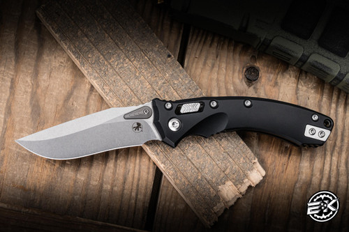 Microtech Amphibian Mini Ram-LOK Folding Knife Black Aluminum 3.25” M390MK Drop Point Stonewash 137MRL-10