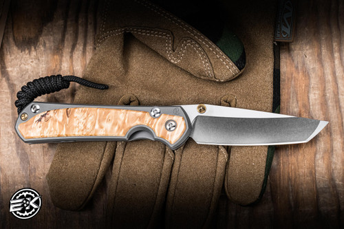 Left Hand-Chris Reeve Knives Small Sebenza 31 Folding Knife Glass Blasted Titanium, Box Elder Inlay 3" MagnaCut Tanto Stonewash S31-1133