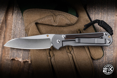 Left Hand-Chris Reeve Knives Small Sebenza 31 Folding Knife Glass Blasted Titanium, Macassar Ebony Inlay 3" MagnaCut Insingo Stonewash S31-1129