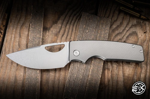 Preowned-Oz Machine Company Roosevelt XL Folding Knife Angled Milled Titanium 3.75" XHP Drop Point Stonewash