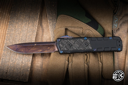 Guardian Tactical Apex OTF Knife Black Aluminum, Carbon Fiber Inlay 3.4" Blued Damascus Drop Point