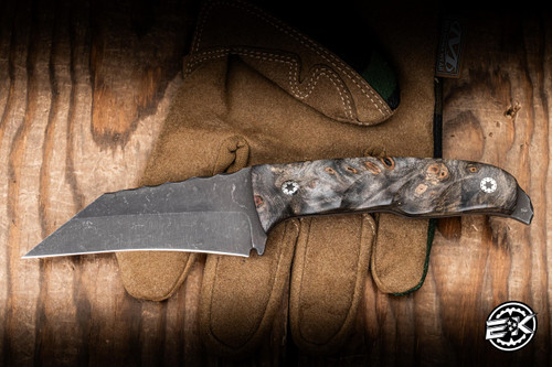 Preowned-Half Face Blades KenSOF Fixed Blade Knife Textured Buckeye Burl, Wharncliffe