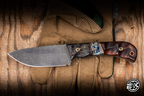 Preowned-Half Face Blades Cav Jr. Fixed Blade Knife Textured Box Elder, Pin Striping  3.5" Drop Point
