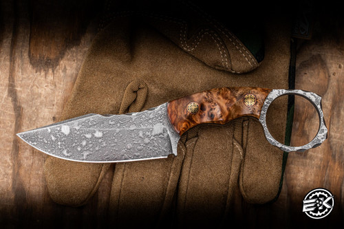 Preowned-Half Face Blades Face Plug Fixed Blade Knife Textured Amboyna Burl, Drop Point 