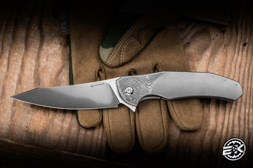 Herman Custom Knives Ishtar Folder Knife Titanium, Damasteel Inlay 3.74" M390 Clip Point Very Shiny Stonewash